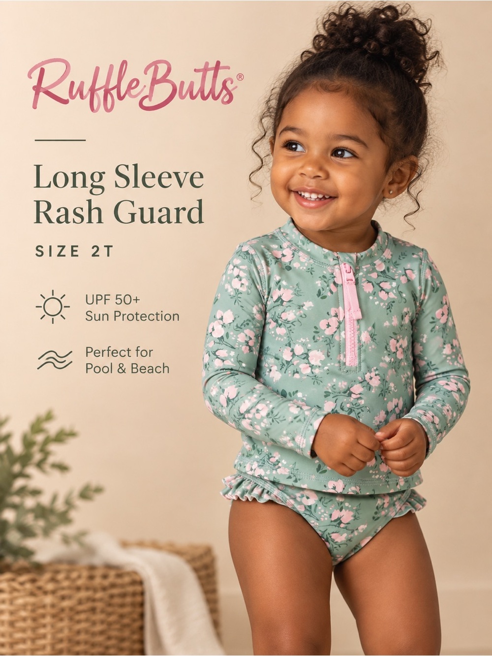 RuffleButts Watercolor Floral Long Sleeve Rash Guard Swim Top 2T